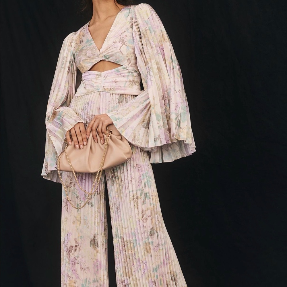 Chic Pastel Floral Jumpsuit with Flared Sleeves Anthro